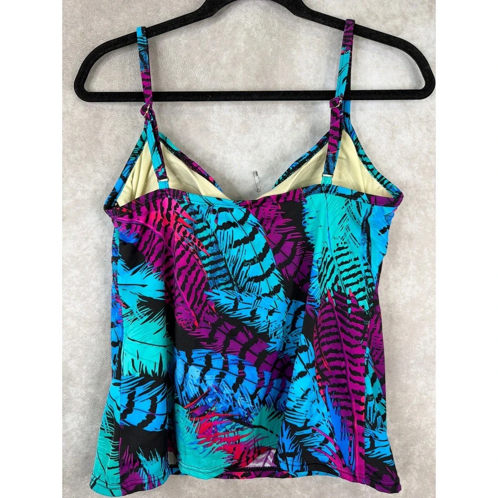 Caribbean Joe Tankini Top Womens 18 Multicolor Tropical Feather Print‎ V-Neck